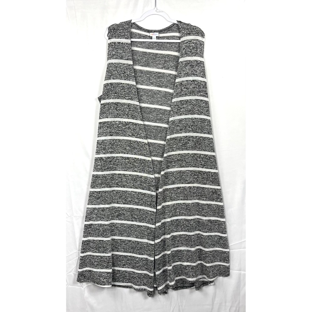 LuLaRoe Joy Vest Womens L Heather Grey White Striped Sleeveless Duster Cardigan